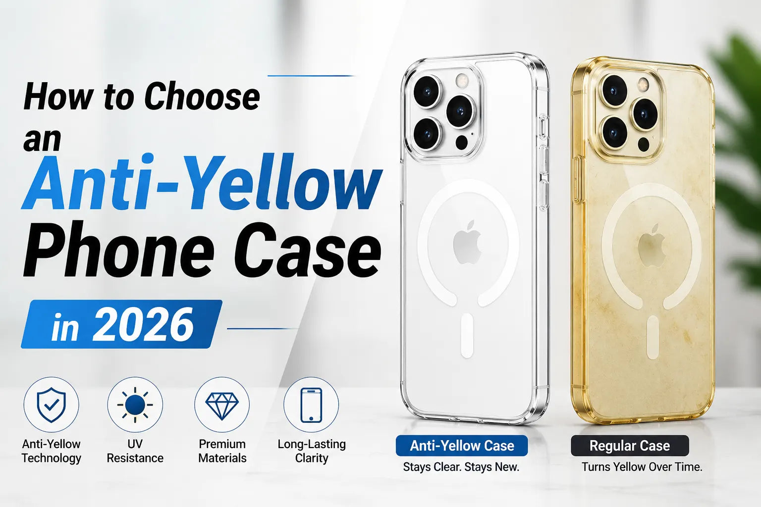 Side-by-side comparison of a yellowed clear phone case next to a clear anti-yellow phone case from Crystely