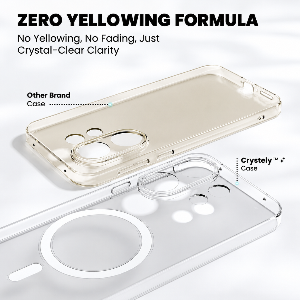 Zero yellowing formula – Crystely Vivo V60 clear case vs yellowed competitor case