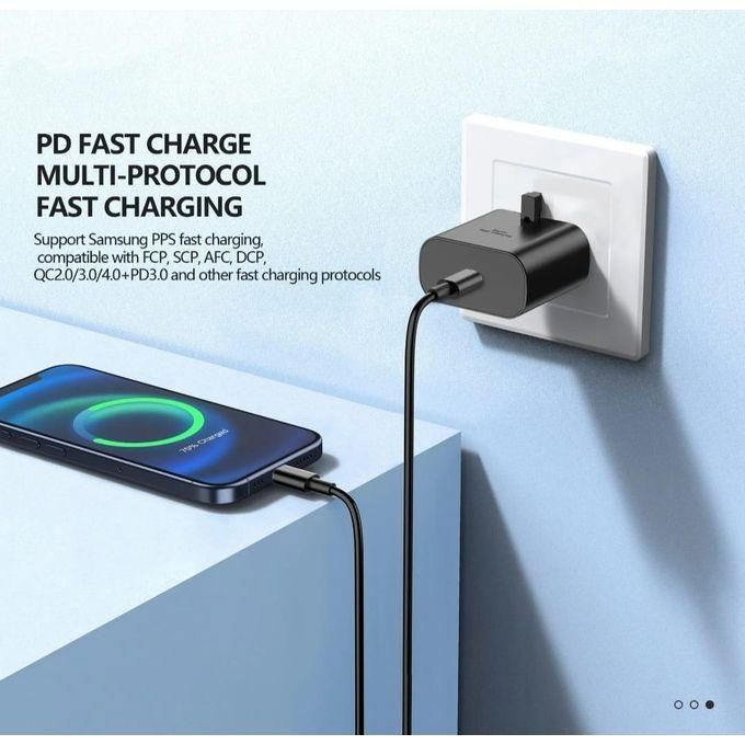 Samsung 45W charger plugged into wall charging iPhone with multi-protocol fast charge support