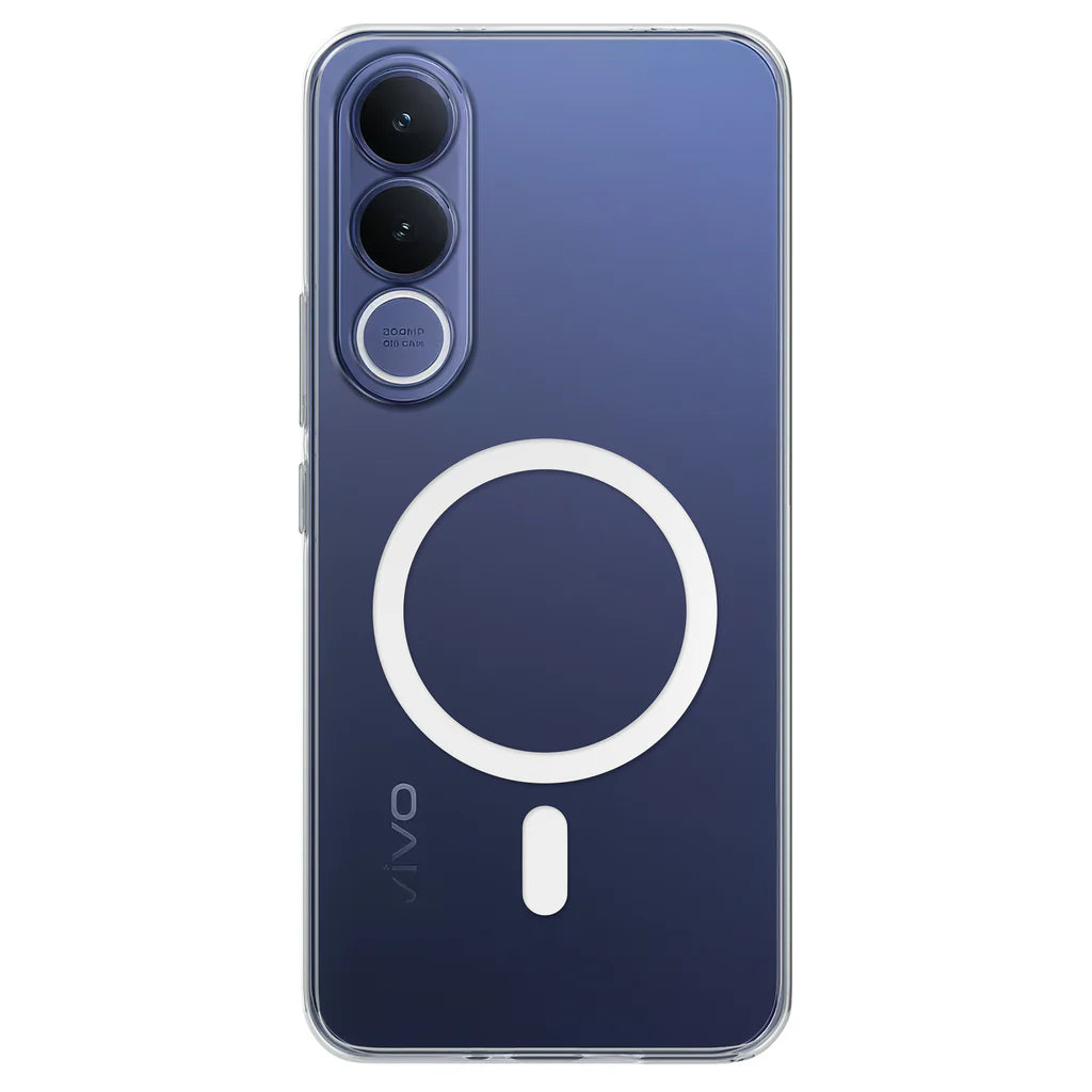 Anti-yellow MagSafe clear case for Vivo V70 FE – back view showing magnetic ring on blue phone
