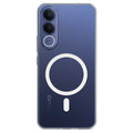 Anti-yellow MagSafe clear case for Vivo V70 FE – back view showing magnetic ring on blue phone

