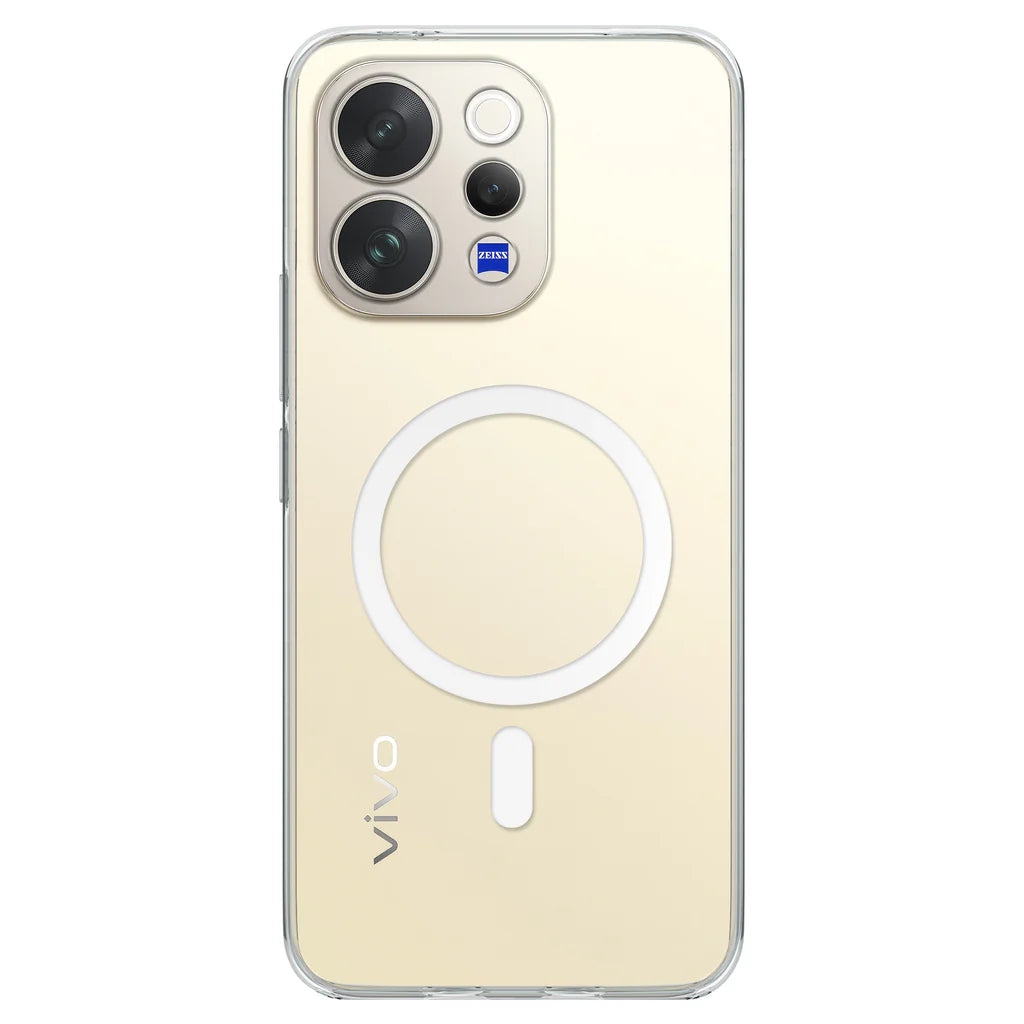 Crystely anti-yellow MagSafe clear case for Vivo V70 E – back view with magnetic ring

