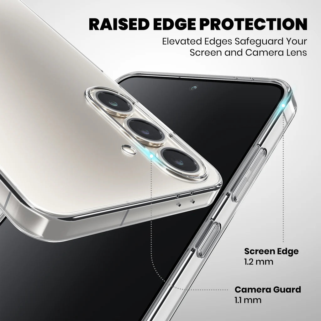 Raised edge protection — 1.2mm screen lip and 1.1mm camera guard on S24 FE