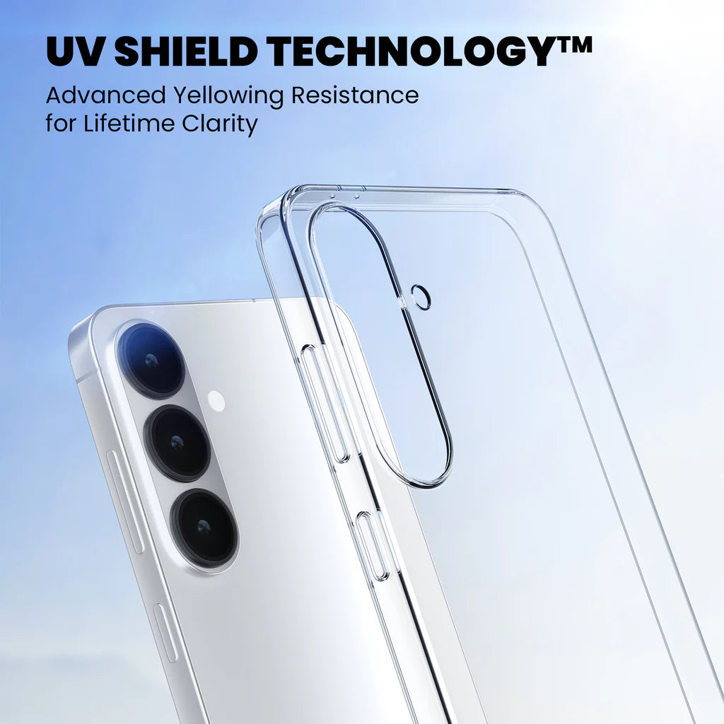 UV Shield Technology clear case resists yellowing on Samsung Galaxy S26 Plus

