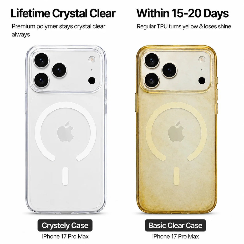 Crystely anti-yellow case vs basic clear case comparison - iPhone 17 Pro Max stays clear, regular TPU turns yellow in 15-20 days