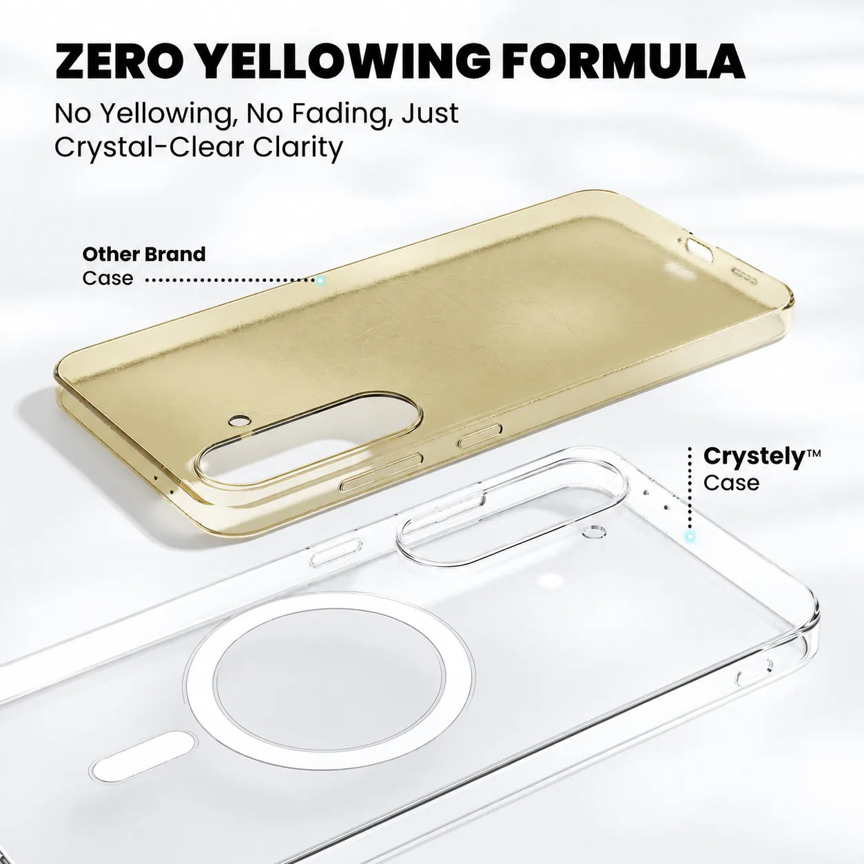 Zero yellowing formula comparison — Crystely clear case vs other brand yellowed case
