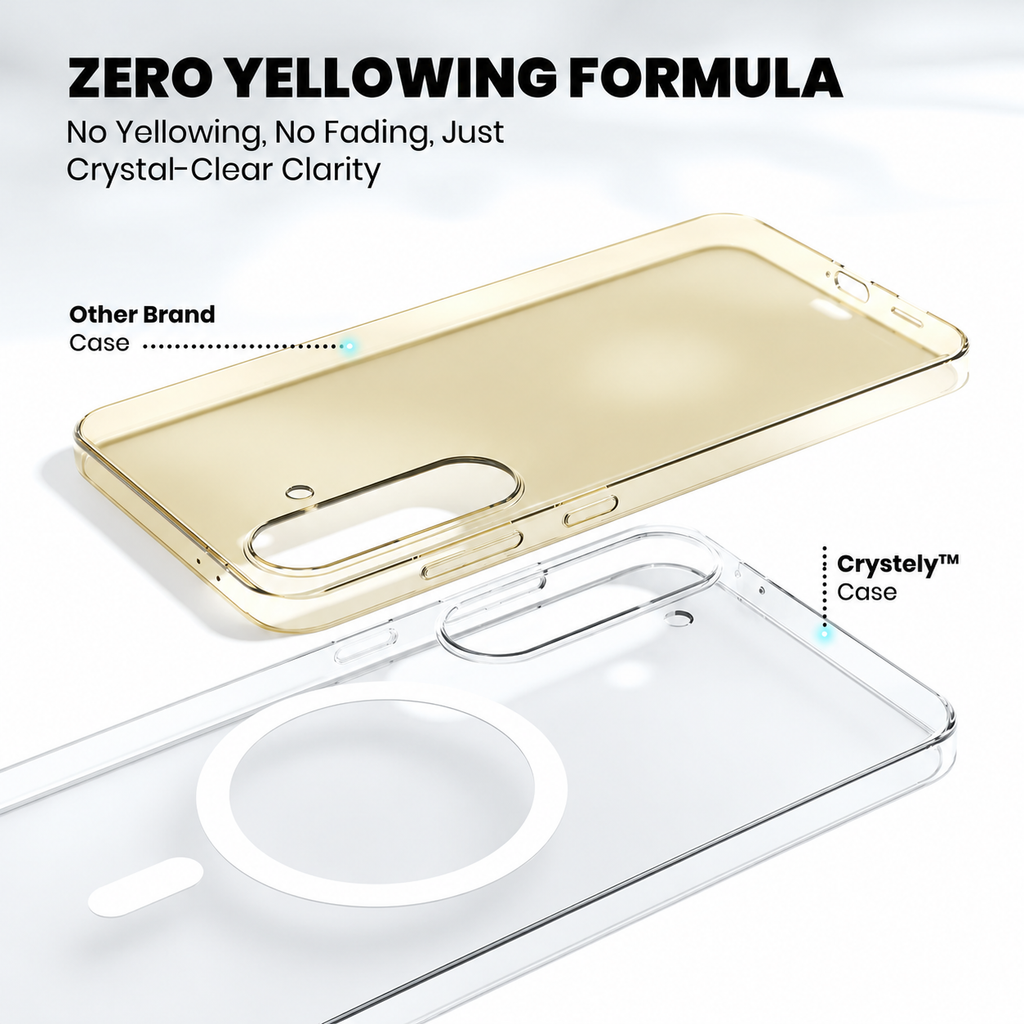 Crystely Zero Yellowing Formula compared to a yellowed competitor case