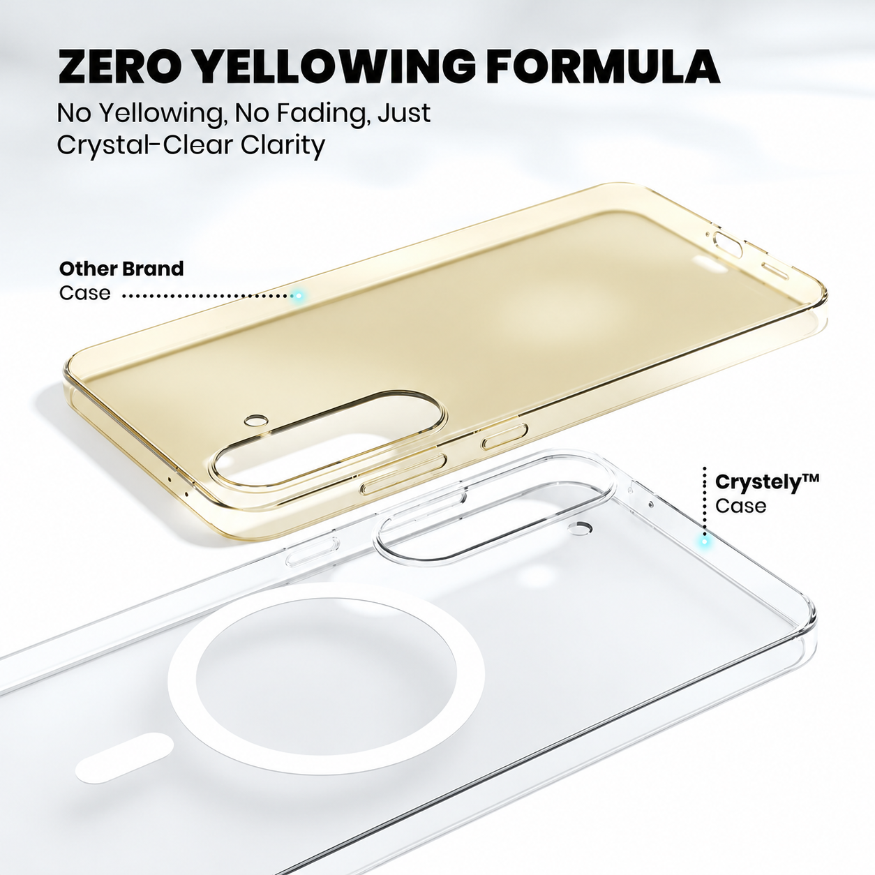 Crystely Zero Yellowing Formula compared to a yellowed competitor case
