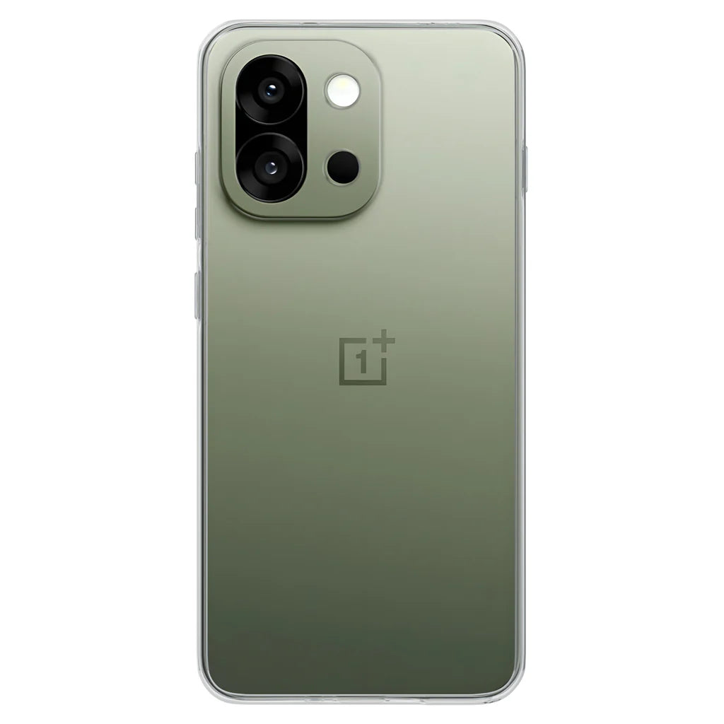 Crystely anti-yellow clear case fitted on OnePlus 13S showing full back panel and dual camera module
