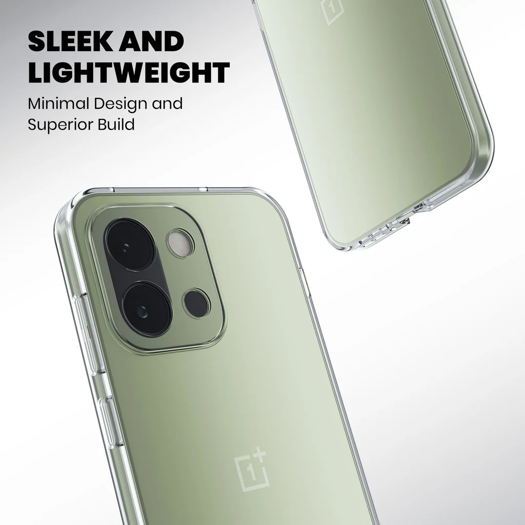 Slim and lightweight clear case for OnePlus 13S shown from two angles highlighting minimal design and superior build quality
