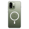 Crystely anti-yellow MagSafe clear case fitted on OnePlus 13S showing the magnetic charging ring on the back panel
