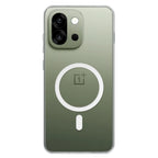 Crystely anti-yellow MagSafe clear case fitted on OnePlus 13S showing the magnetic charging ring on the back panel
