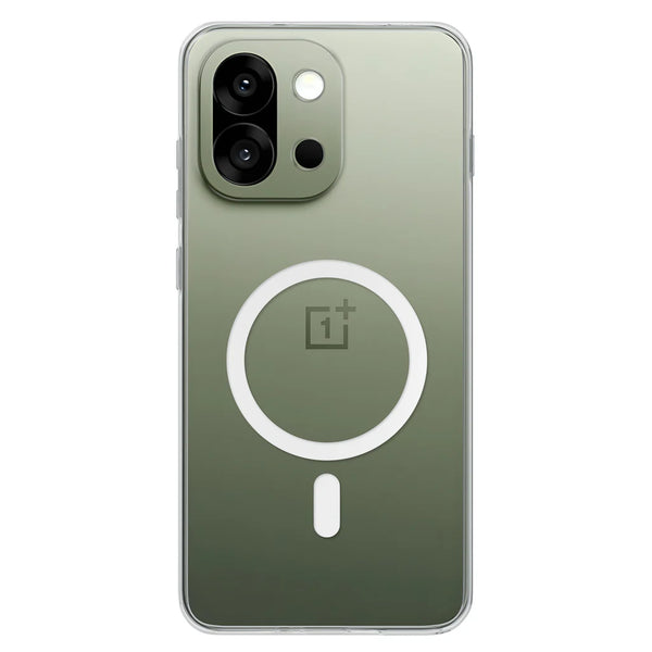 Crystely anti-yellow MagSafe clear case fitted on OnePlus 13S showing the magnetic charging ring on the back panel
