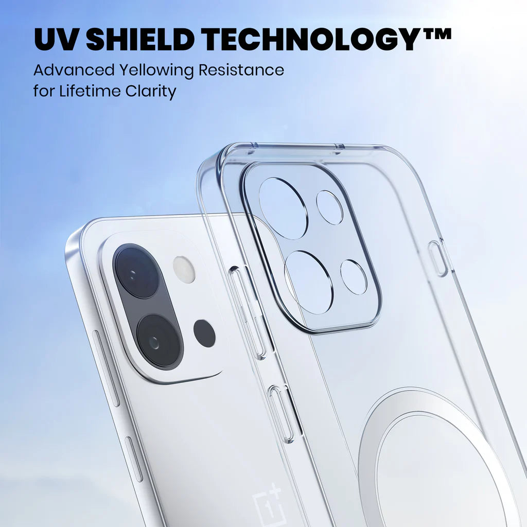 OnePlus 13S clear case with UV Shield Technology resisting yellowing and maintaining crystal clarity over time
