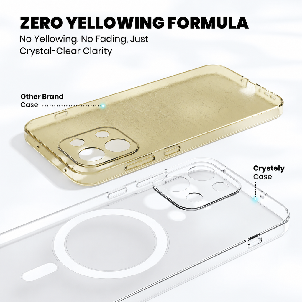 Comparison showing a yellowed generic phone case next to the Crystely clear case for OnePlus 13S with no discolouration or fading
