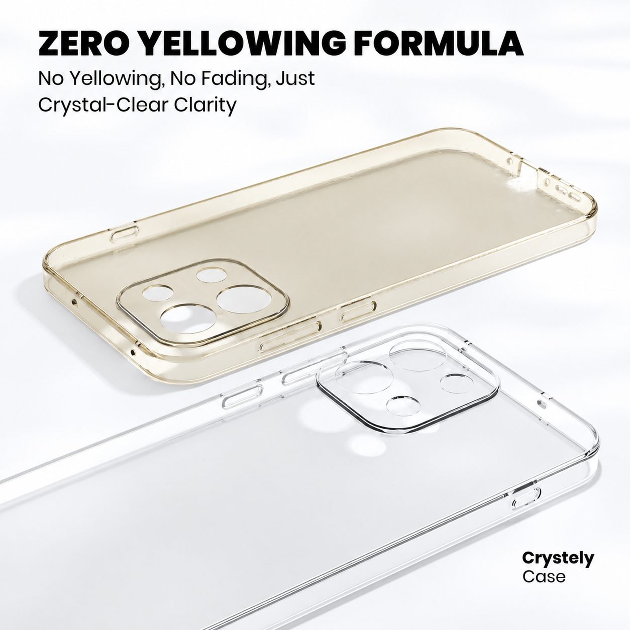 Side-by-side comparison of a yellowed generic phone case against the Crystely clear case for OnePlus 13S showing no discolouration or fading
