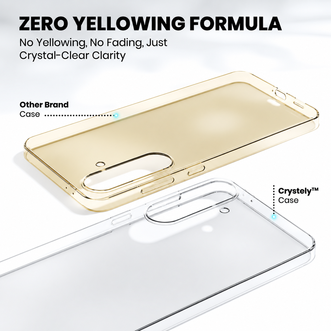 Crystely zero yellowing formula vs yellowed competitor clear case