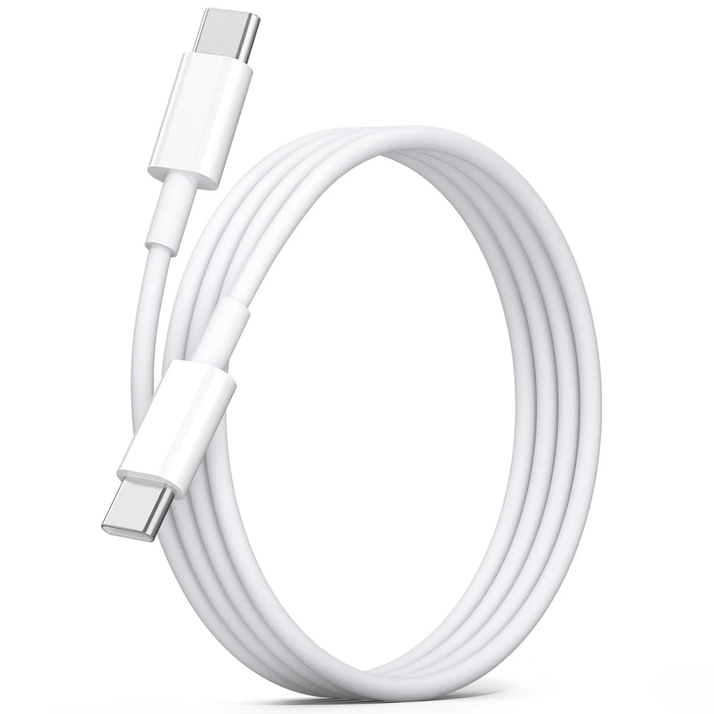 White USB-C to USB-C fast charging cable with silver metal connectors coiled on white background