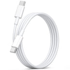 White USB-C to USB-C fast charging cable with silver metal connectors coiled on white background