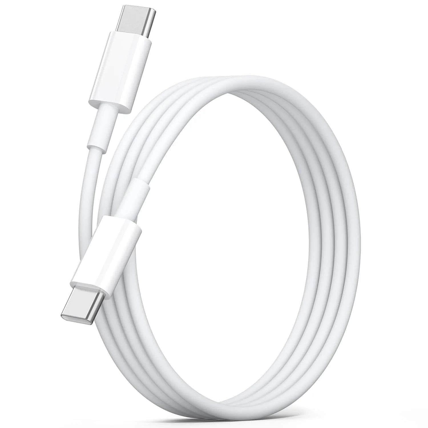 White USB-C to USB-C fast charging cable with silver metal connectors coiled on white background