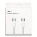 White USB-C to USB-C fast charging cable with silver metal connectors coiled on white background