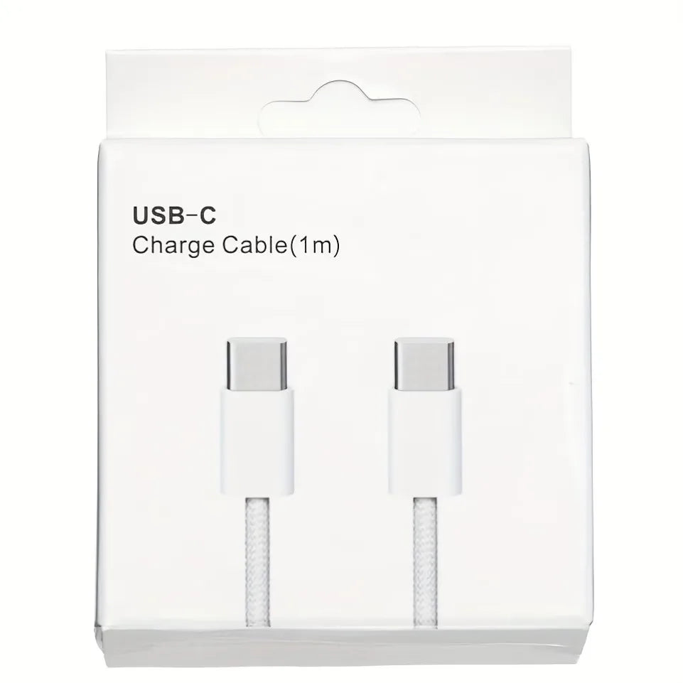 White USB-C to USB-C fast charging cable with silver metal connectors coiled on white background