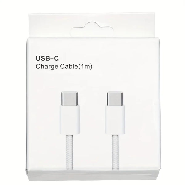 White USB-C to USB-C fast charging cable with silver metal connectors coiled on white background