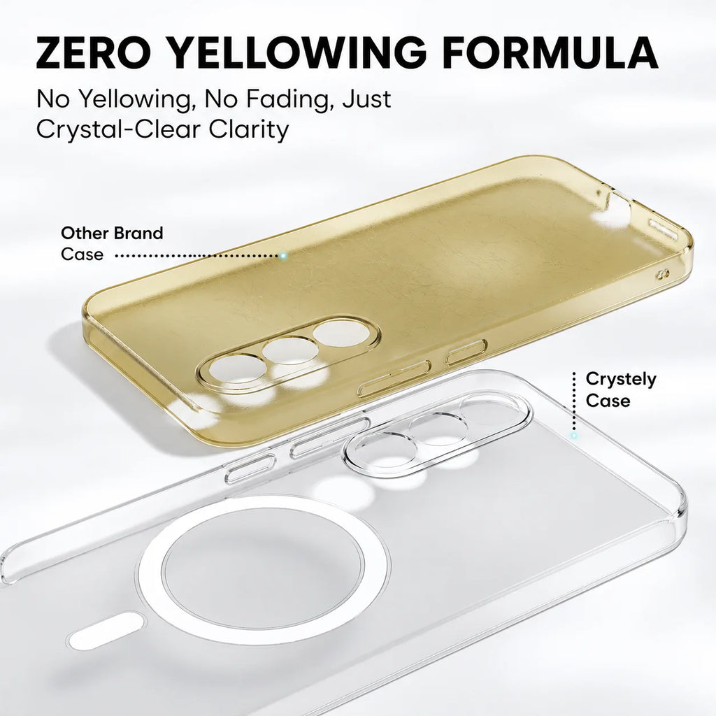 Zero yellowing formula comparison – Crystely clear case vs yellowed generic case side by side

